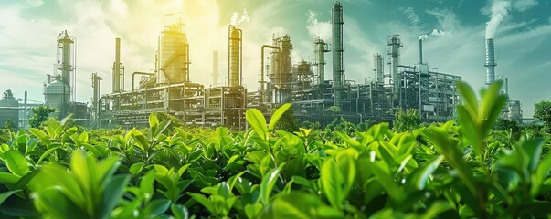 Factory exterior with eco-friendly infrastructure, highlighting green initiatives (selective focus, green tech theme, ethereal, manipulation, eco factory backdrop)