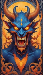 Fototapeta premium A fierce blue demonic creature with glowing red eyes, sharp fangs, and horns emerging from a dark background with fiery orange and yellow elements