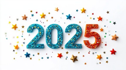 Obraz premium Festive background Happy New Year 2025. Multi-colored number 2025 with stars on a white background New Year celebration, close-up.