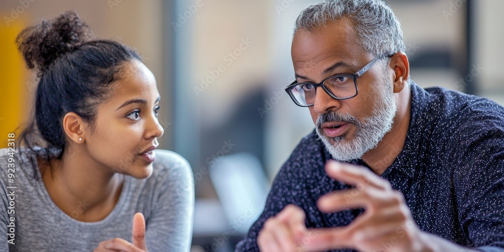 Poster two educators in a close-up shot deeply engaged in discussion over curriculum notes in a bright clas