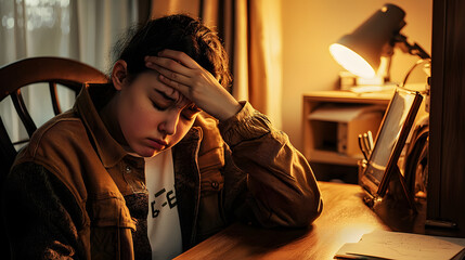 Naklejka premium A tired student struggling with focus, holding head while studying late.