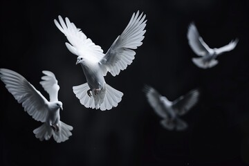 Elegant white doves in flight against a dark background, symbolizing peace and serenity in motion