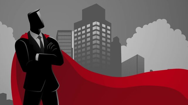 Businessman as a superhero, wearing a magnificent red cape and posing gallantly with arms crossed on cityscape background. Symbolize confidence, strength, and leadership