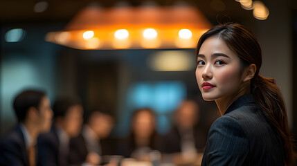 A professional asian woman glancing back during a business meeting.