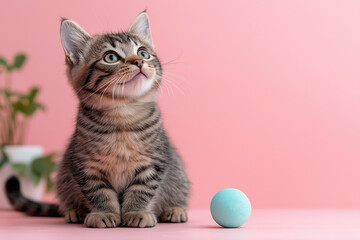 Adorable tabby kitten with big eyes sitting beside a blue ball, looking up with curiosity against a pink background with soft green plant accents.

