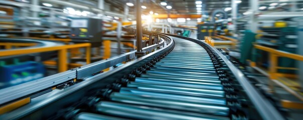 Fototapeta premium Conveyor belt system transporting products, highlighting automated processes (selective focus, technology theme, futuristic, double exposure, factory floor backdrop)