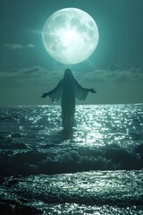 Jesus emerging from a radiant sun into a serene blue ocean, symbolizing spirituality and religious faith