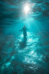 Jesus emerging from a radiant sun into a serene blue ocean, symbolizing spirituality and religious faith