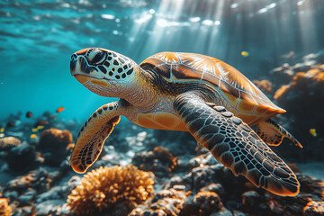 Obraz premium A majestic sea turtle swimming gracefully over a coral