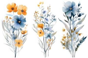 bouquet of flowers on a white background yellow blue watercolour. Artificial flowers on a white background 