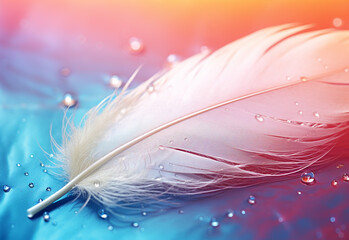 pink feather on blue background generating by AI technology