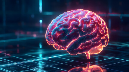Glowing digital brain in a futuristic, high-tech environment..