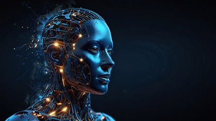 Free Photo New 3d rendering ai Robot Face working with future digital graphic interface on dark background


