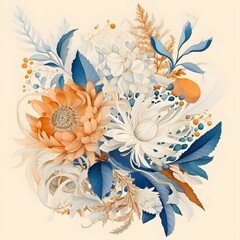 Bouquet of 3d water colour flowers on white background
