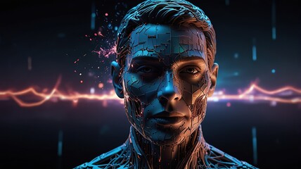 Free Photo New 3d rendering ai Robot Face working with future digital graphic interface on dark background


