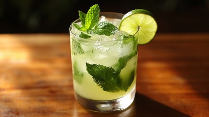 Refreshing mojito with fresh mint and lime served in a glass on a wooden table