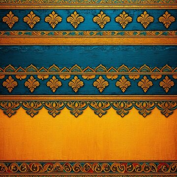 A blue and orange striped background with intricate gold fleurons