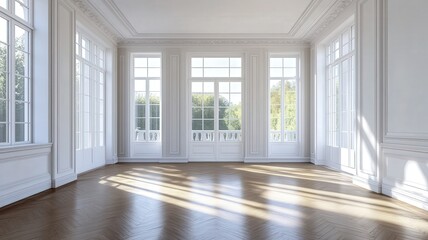 Obraz premium Bright and airy empty room with large windows overlooking a garden in the afternoon sunlight