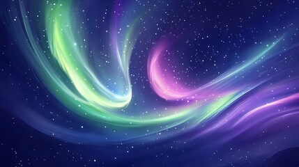 Obraz premium Glowing Dance of Green and Violet Auroras in a Midnight Sky - Photorealistic Illustration of Vibrant Natural Light Show