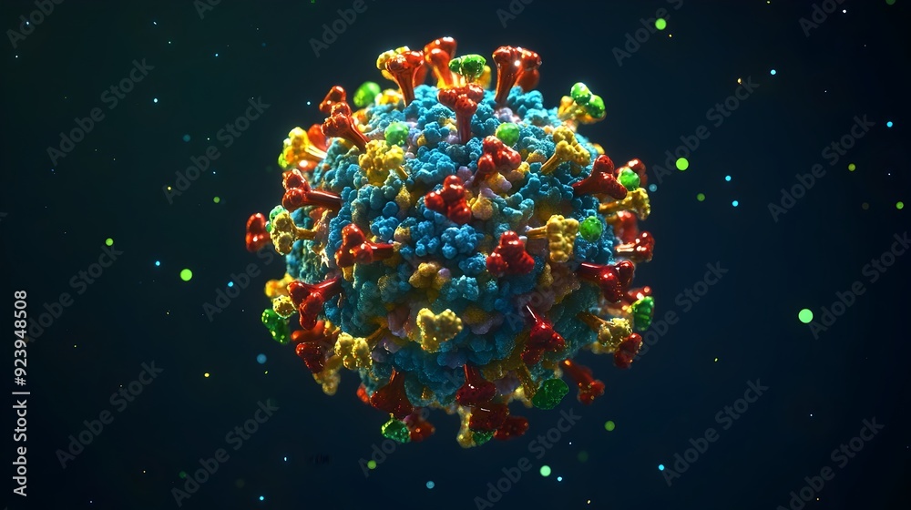 Poster detailed 3d visualization of virus particle with surface proteins
