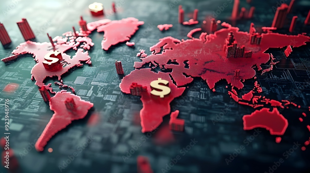 Poster Digital 3D World Map with Towering Chinese Yuan Symbols Representing Global Trade Dynamics