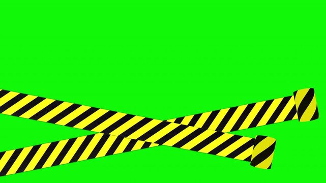 Caution tape and police line rolling across the screen from different directions,isolated by the alpha channel.Black and yellow line striped Warning danger tape.no crossing line.drag and drop use.