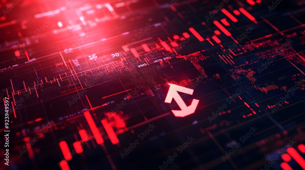 Poster downward trending global economic graphs with upward yuan symbol in 3d render