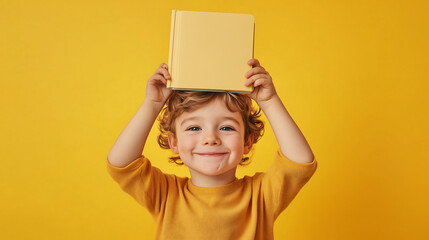 happy child holds up an open book above their head, against a yellow background