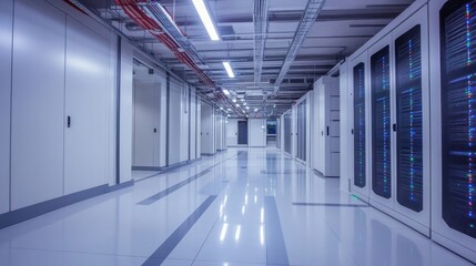 Empty Server Room Corridor with White Walls and Server Racks