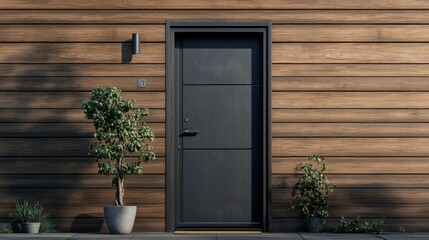 Plastic glass door with a handle in gray lamination on the wall of a wooden house , ai