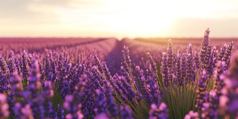Fototapeta premium A close-up of lavender fields stretching into the distance, with rows of purple flowers swaying gently in the breeze under a clear sky