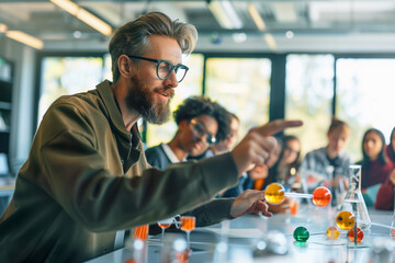 Teacher conducting an experiment in front of students in a classroom. Generative AI