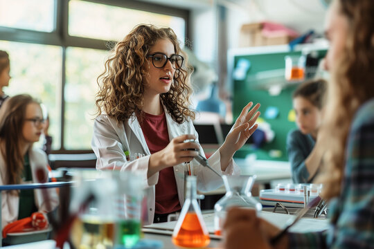 Woman teacher showing a scientific concept with models in classroom, bright natural light, engaging mood. Generative AI