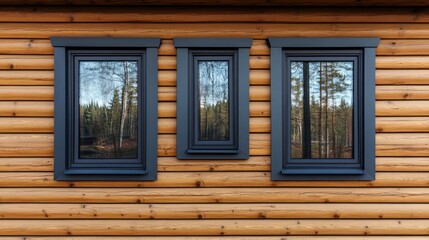 Fototapeta premium Plastic windows in gray lamination on the wall of a wooden house , ai