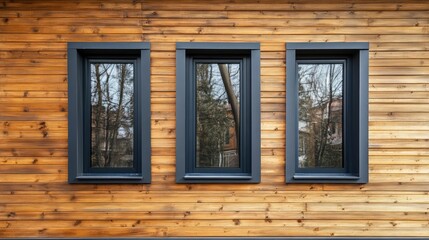 Fototapeta premium Plastic windows in gray lamination on the wall of a wooden house , ai