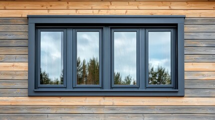 Fototapeta premium Plastic windows in gray lamination on the wall of a wooden house , ai
