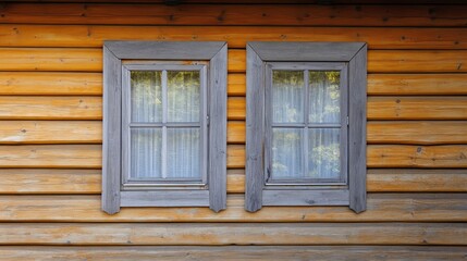 Fototapeta premium Plastic windows in gray lamination on the wall of a wooden house , ai