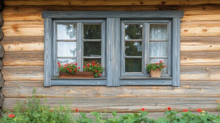 Plastic windows in gray lamination on the wall of a wooden house , ai