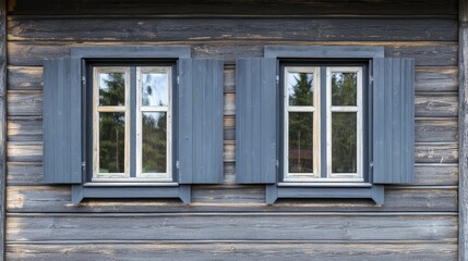 Fototapeta premium Plastic windows in gray lamination on the wall of a wooden house , ai