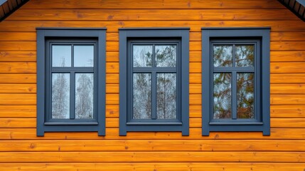 Plastic windows in gray lamination on the wall of a wooden house , ai