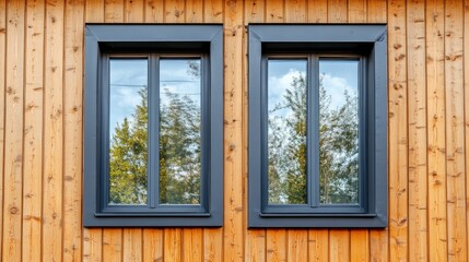 Fototapeta premium Plastic windows in gray lamination on the wall of a wooden house , ai