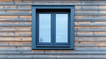Plastic windows in gray lamination on the wall of a wooden house , ai