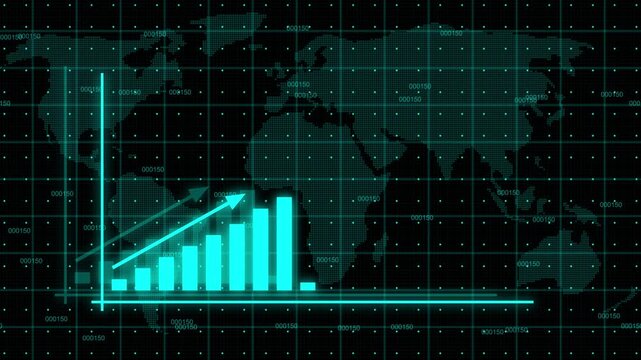 Business infographics with rising arrow and bar stats appearing. Rising bar graph following the arrow with dotted world map. 3d render.