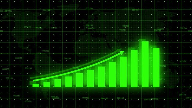 Business infographics with rising arrow and bar stats appearing. Rising bar graph following the arrow with dotted world map. 3d render.