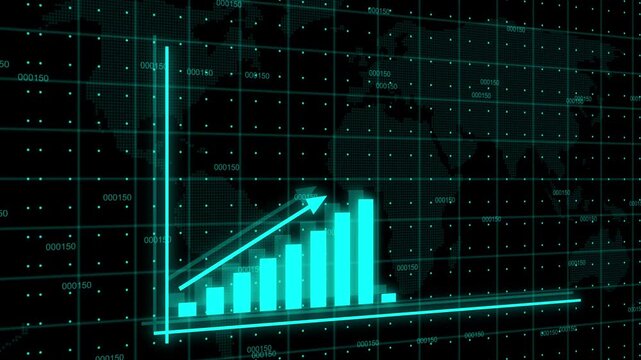 Business infographics with rising arrow and bar stats appearing. Rising bar graph following the arrow with dotted world map. 3d render.