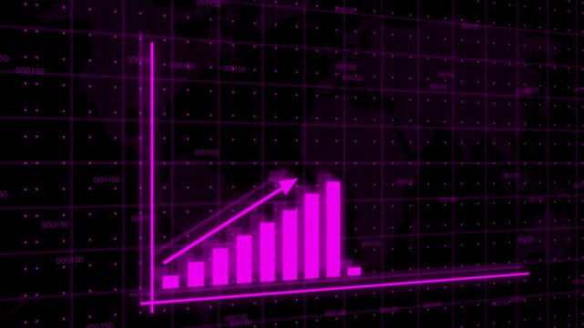Business infographics with rising arrow and bar stats appearing. Rising bar graph following the arrow with dotted world map. 3d render.