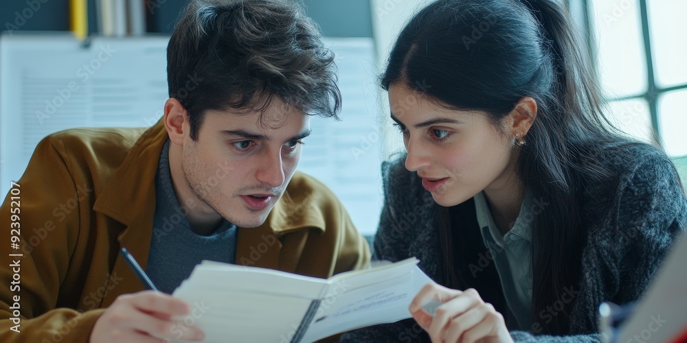 Poster A close-up of two teachers engaged in a deep conversation in a school office one pointing at a notebook with intense and focused expressions