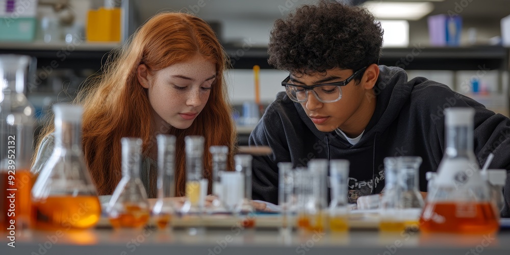 Aufkleber A pair of students collaborating on a science experiment in a school lab with beakers and test tubes on the table focused and hands-on learning