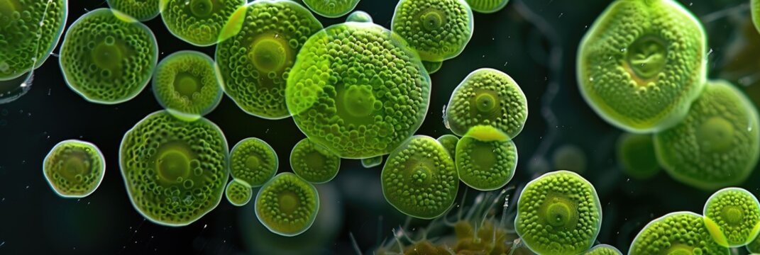 Spherical colonies of the green alga Volvox aureus exhibiting vegetative propagation and reproductive cells observed under darkfield microscopy.