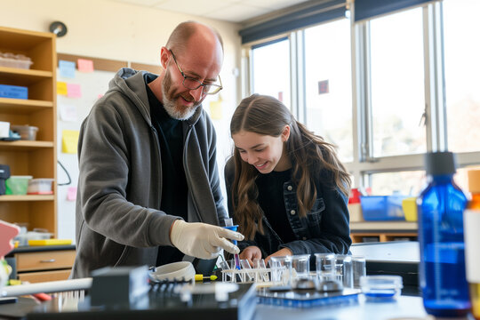 Male teacher guiding a student during a lab experiment in a classroom. Generative AI